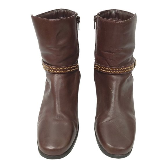 Clarks Leather Buckle Strap Ankle Boots 9 Side Zip Bootie Brown Block Heel 71037 - Picture 9 of 11